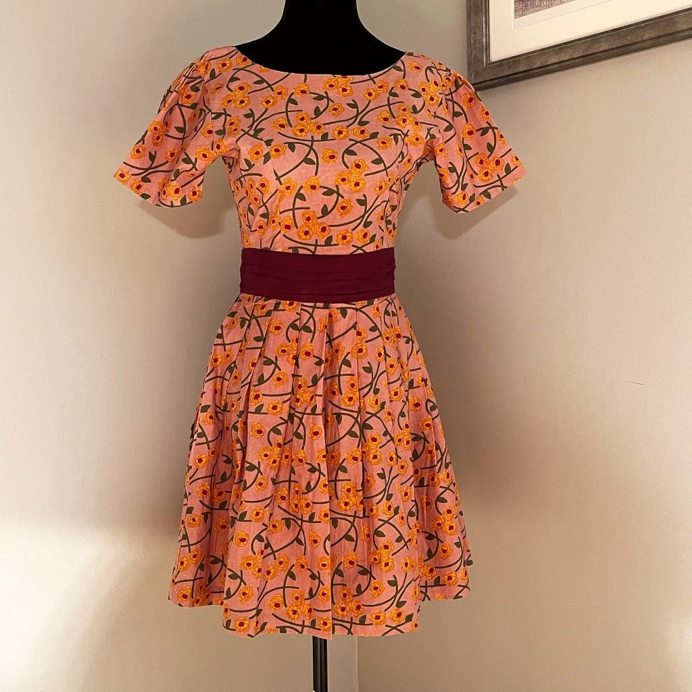 Mata Traders fair trade cotton floral dress, yellow burgundy, size XS